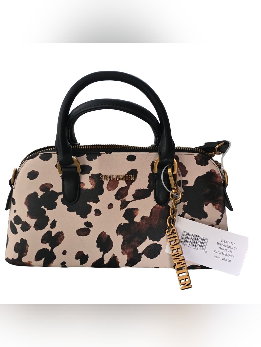 Steve Madden Chaos/Cow Print Dome Shaped Purse, Black, Brown And Cream